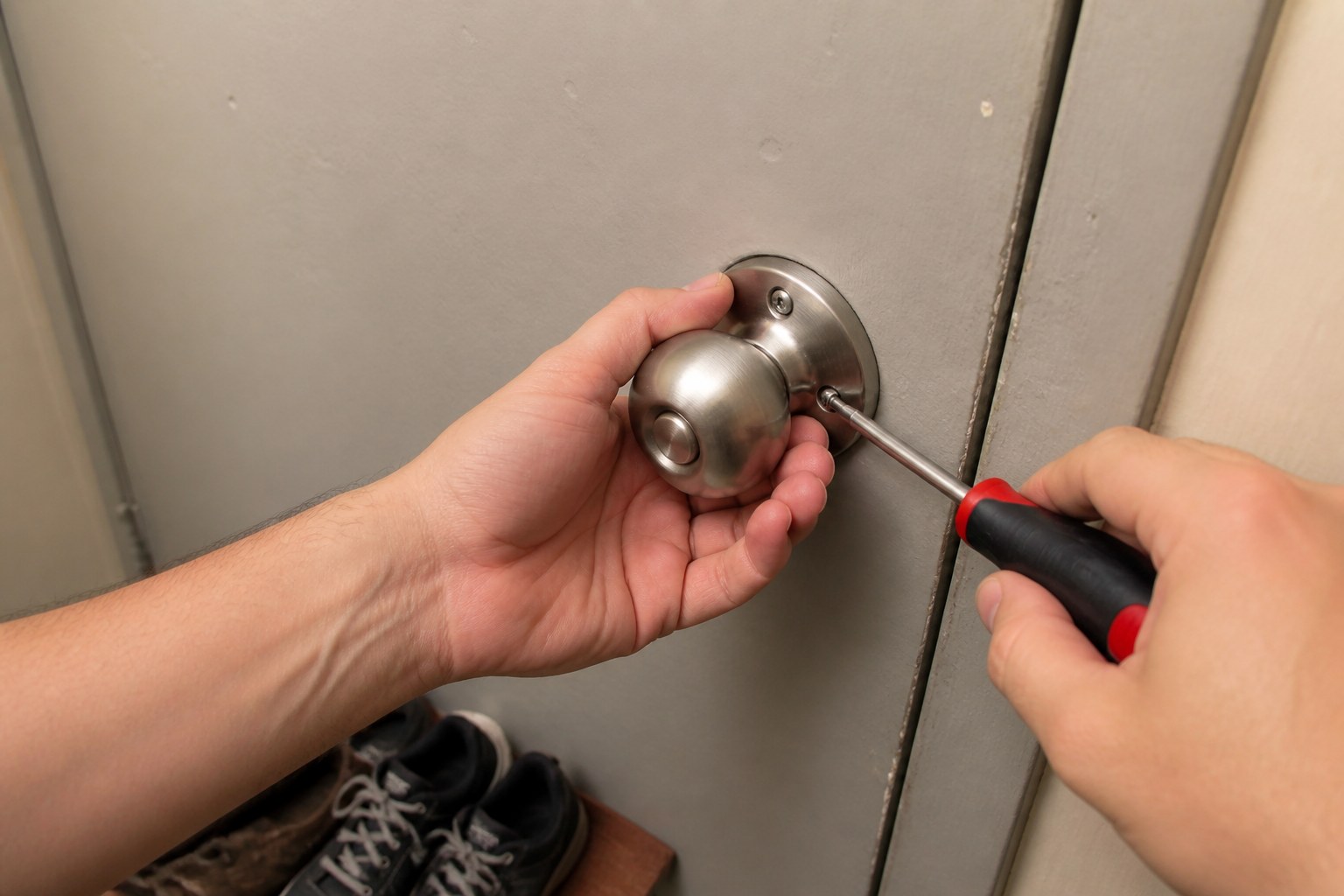 用螺丝刀拆下入户门拉手