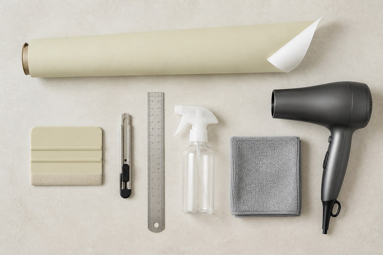Tools for a refrigerator film wrap: film roll, squeegee, knife, ruler, microfibre cloth, hair dryer
