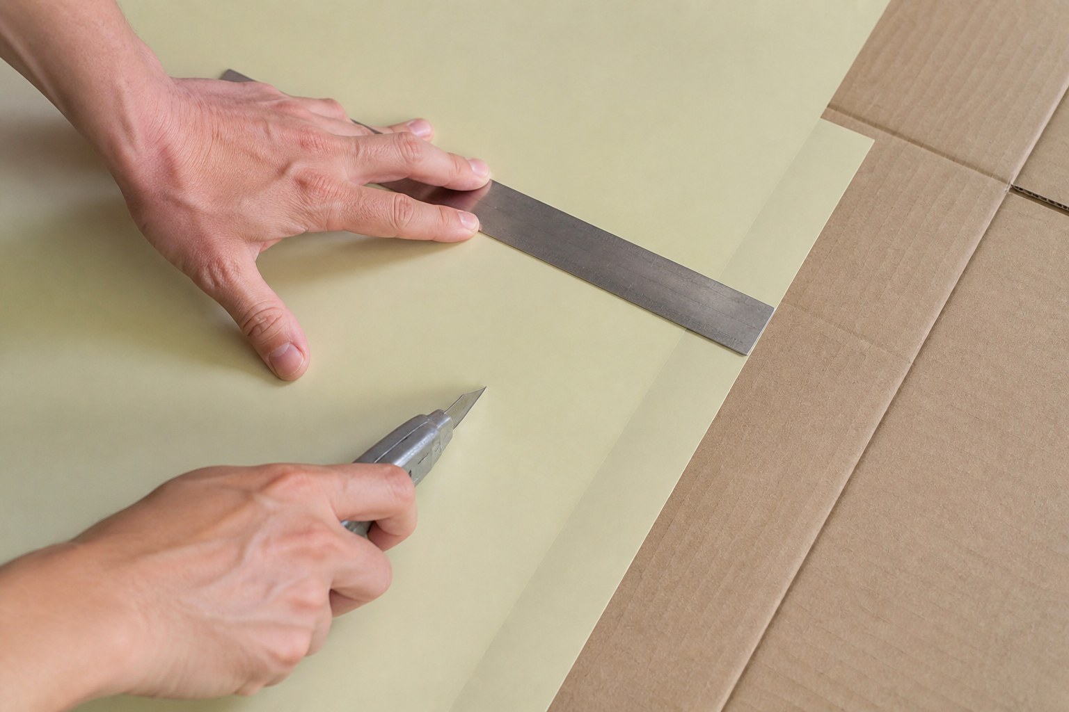Cutting film with ruler and knife, leaving a margin