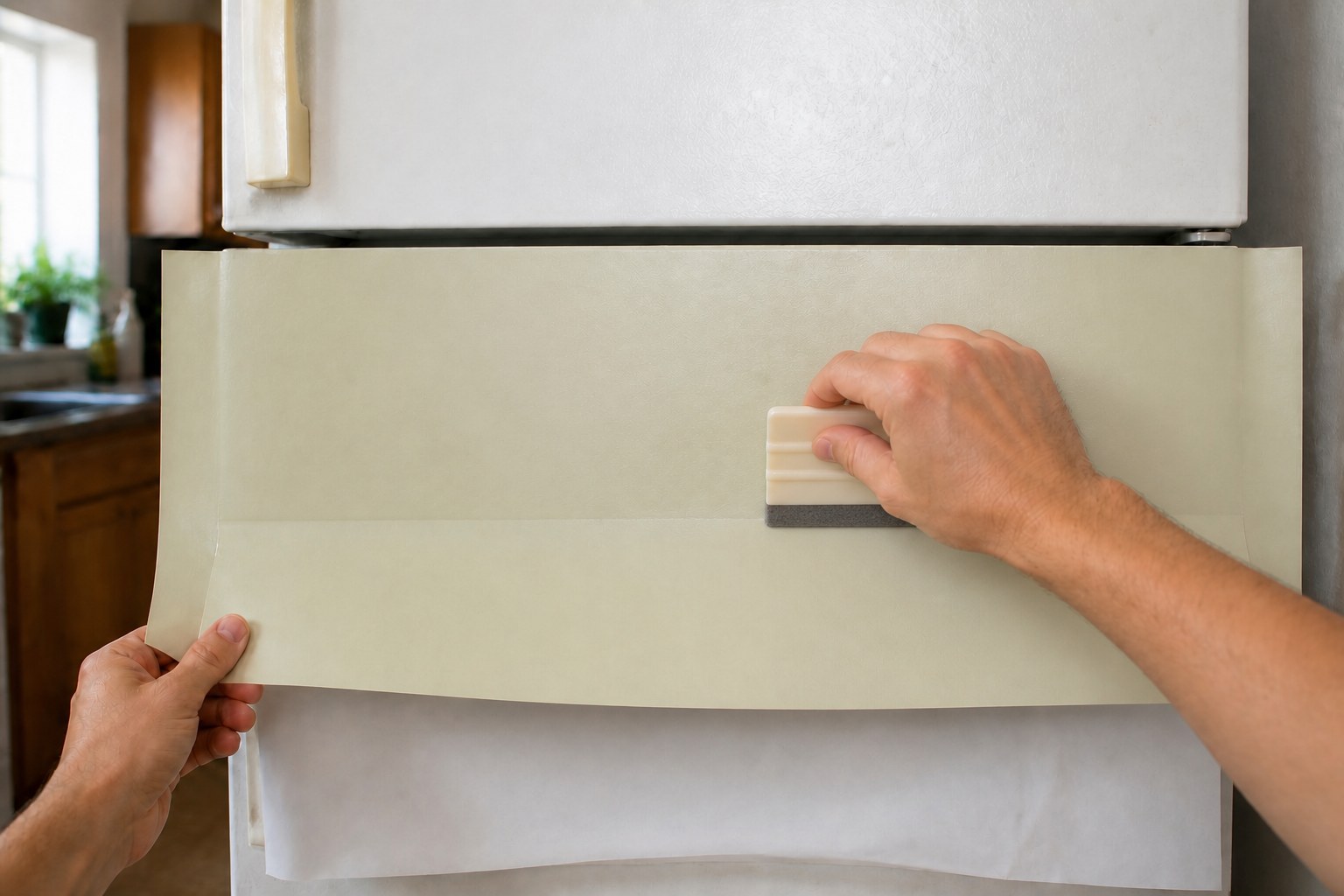 Peeling the liner gradually while squeegeeing in one direction