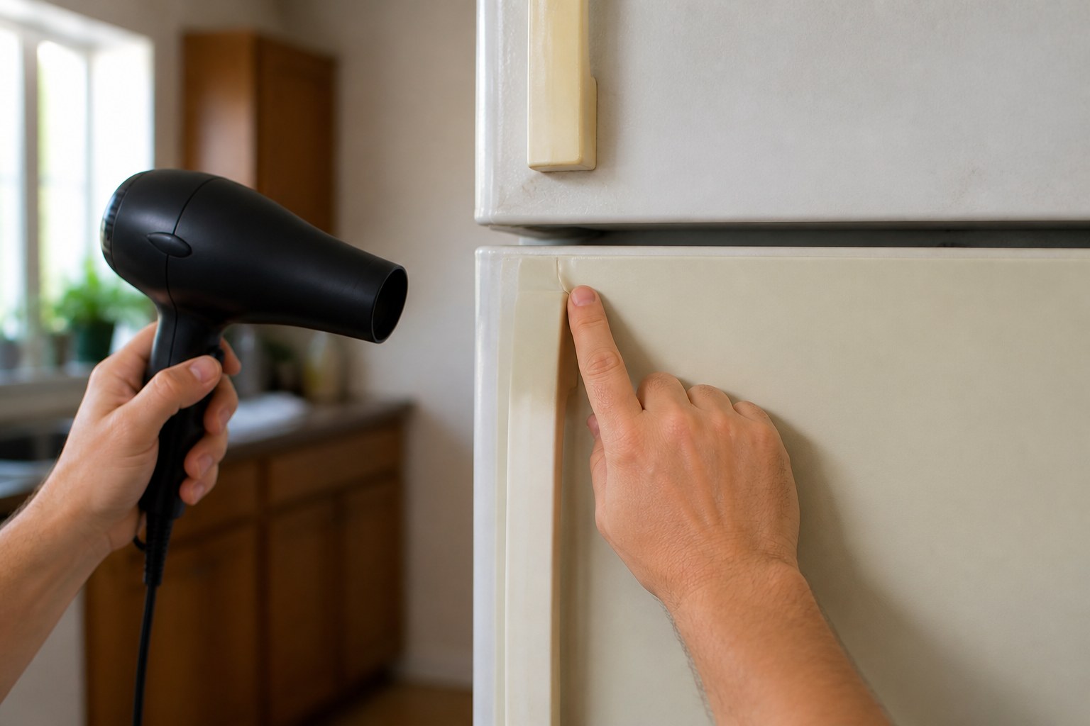 Finishing a refrigerator door corner with gentle heat
