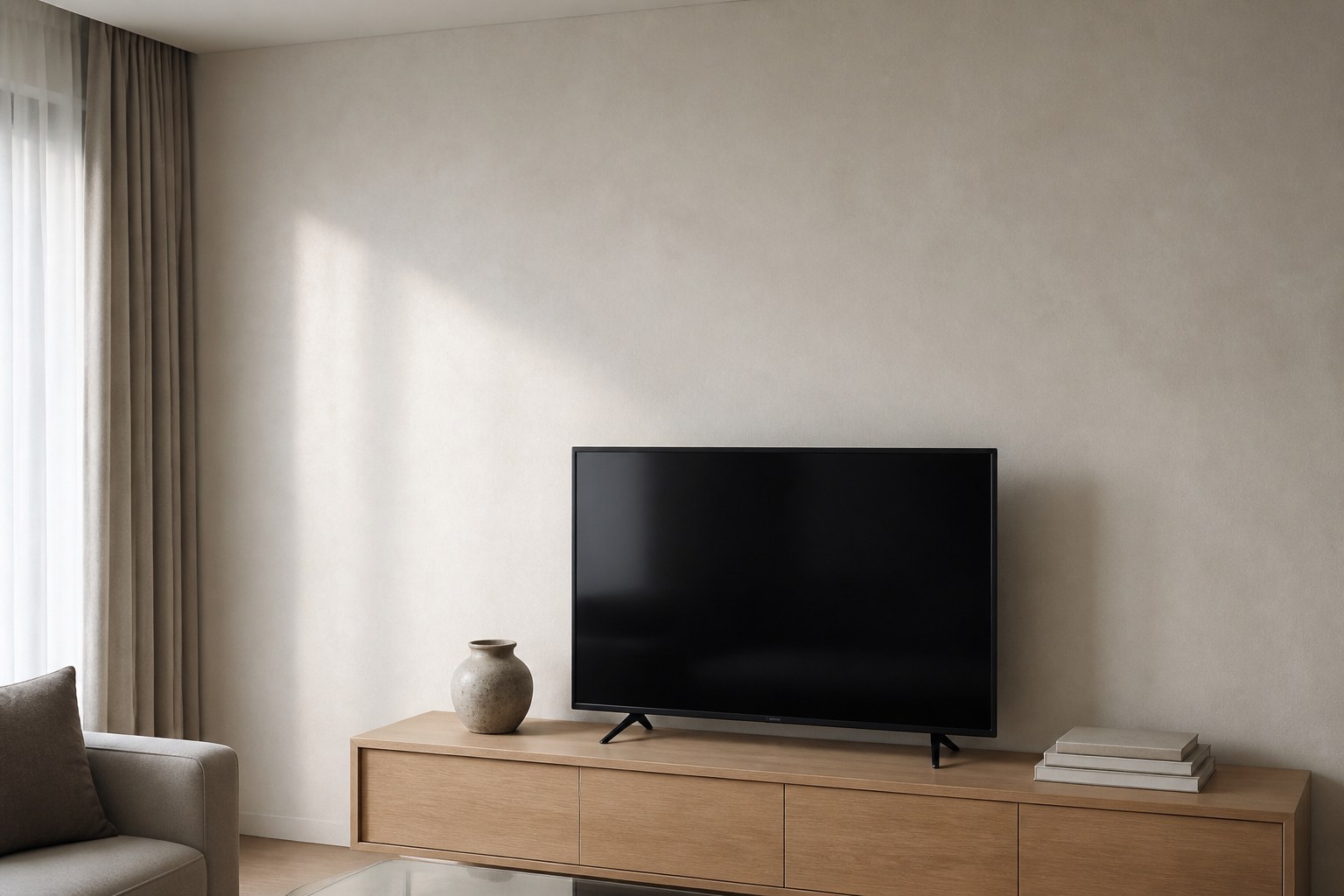 クレイクリームのフィルムで仕上げたリビングのテレビ壁