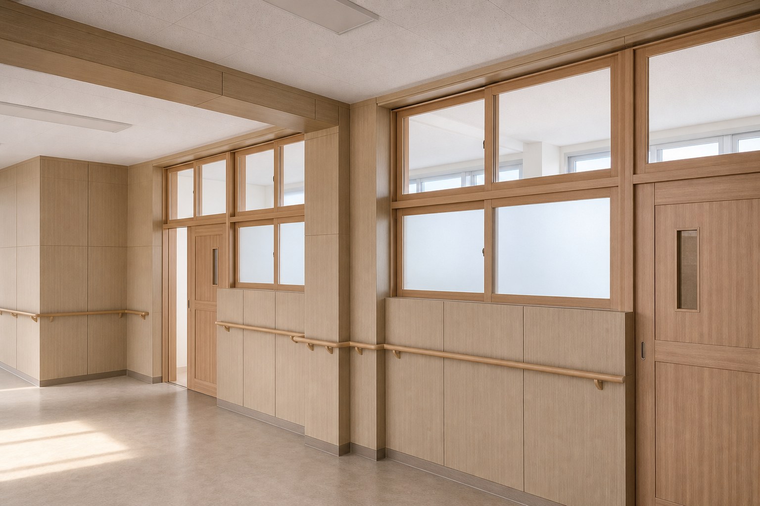 Healthcare interior finished with fire-rated film — concept visualization